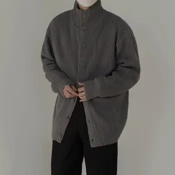Modna korejskem slogu zgosti tople pletene moški pulover s kapuco pozimi y2k ulica osebnost visoko vratu, ohlapno športni pulover s kapuco vrh